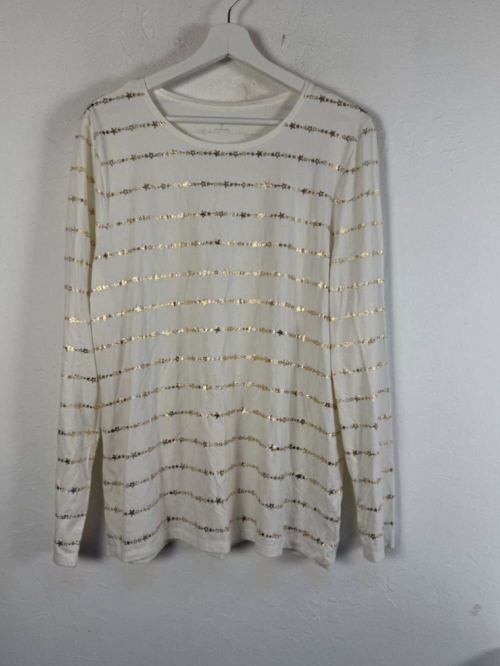 Lands' End Women's XL Ivory Gold Star Stripe Holiday Long Sleeve T-Shirt New
